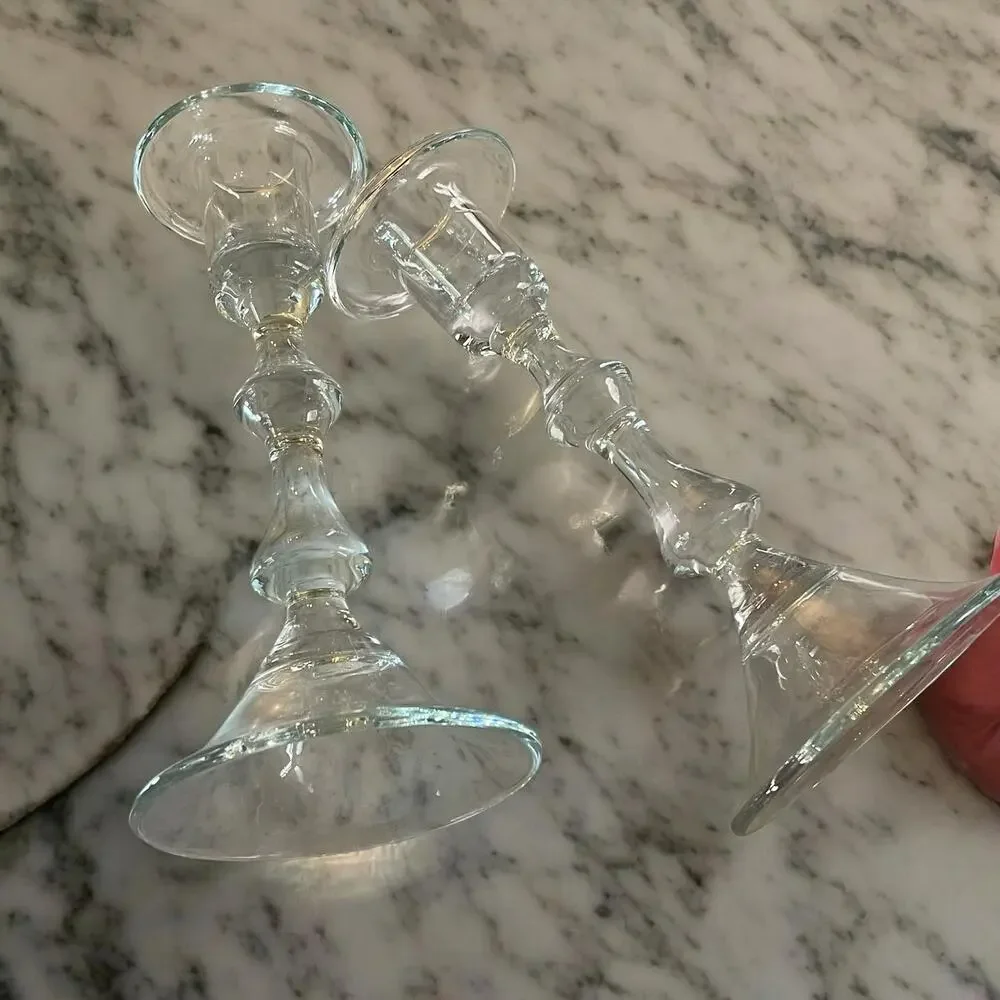 Vtg. Pair Baluster Clear Crystal Candlestick Holders 9.75” Tall 1.5” Candle Cup